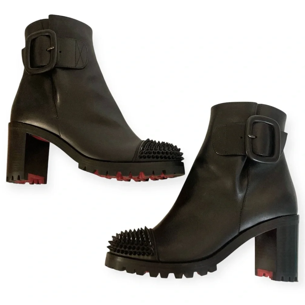 Christian Louboutin Olivia Snow 70mm Calf Leather Black Ankle Boots 35 1/2 Spike